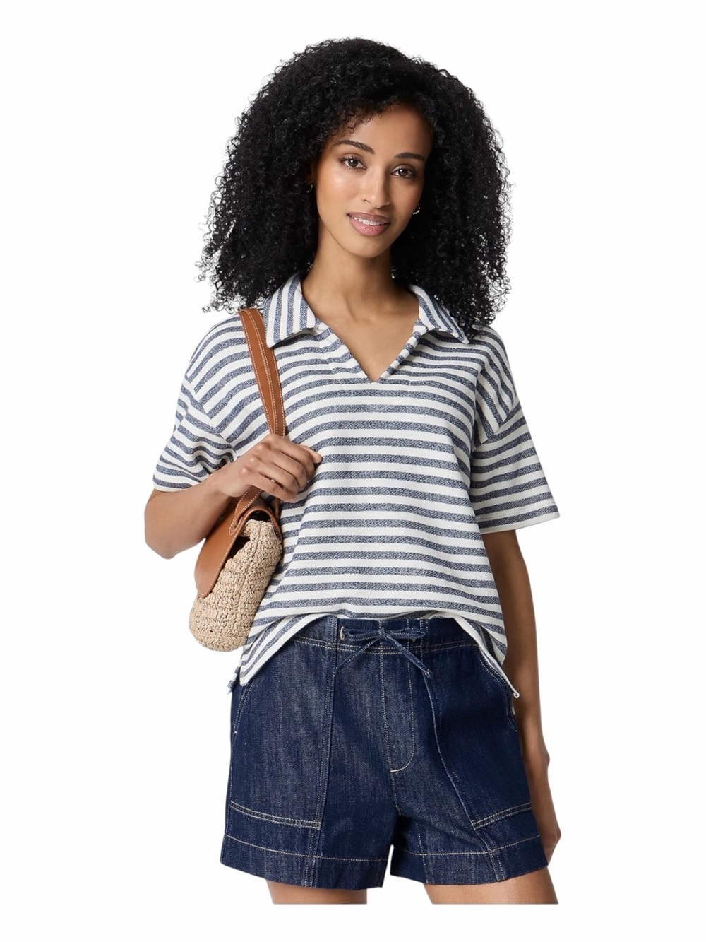 NWT J. Crew Ivory Antique Navy Striped Short Sleeve Terry Polo Sweatshirt. Large
